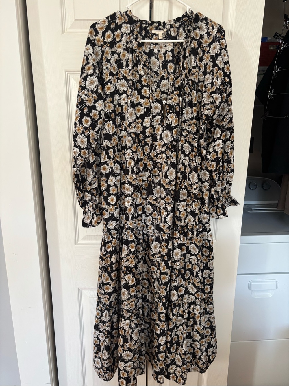 Promod Black Midi Dress with White and Gold Floral Print - Picture 1 of 2